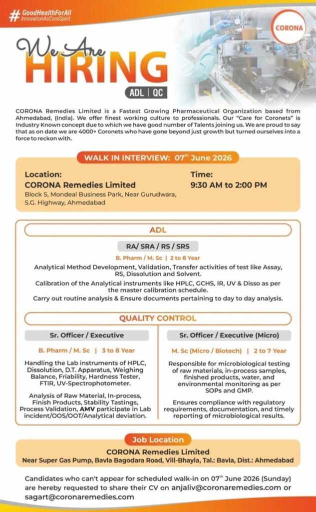CORONA Remedies Limited Walk-In Interview for ADL & Quality Control