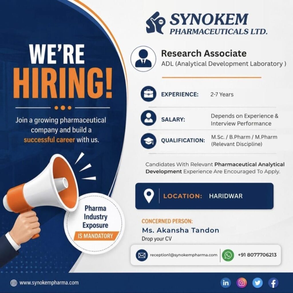 Synokem Pharmaceuticals Ltd Recruitment – Research Associate (ADL) | Apply Now