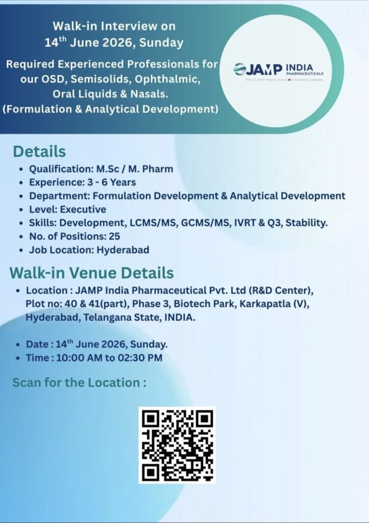 JAMP India Pharmaceuticals Walk-In Interview for Formulation & Analytical Development Professionals