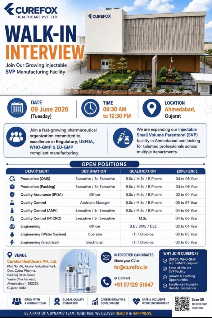 Curefox Healthcare Walk-In Interview: Exciting Career Opportunities in Injectable SVP Manufacturing