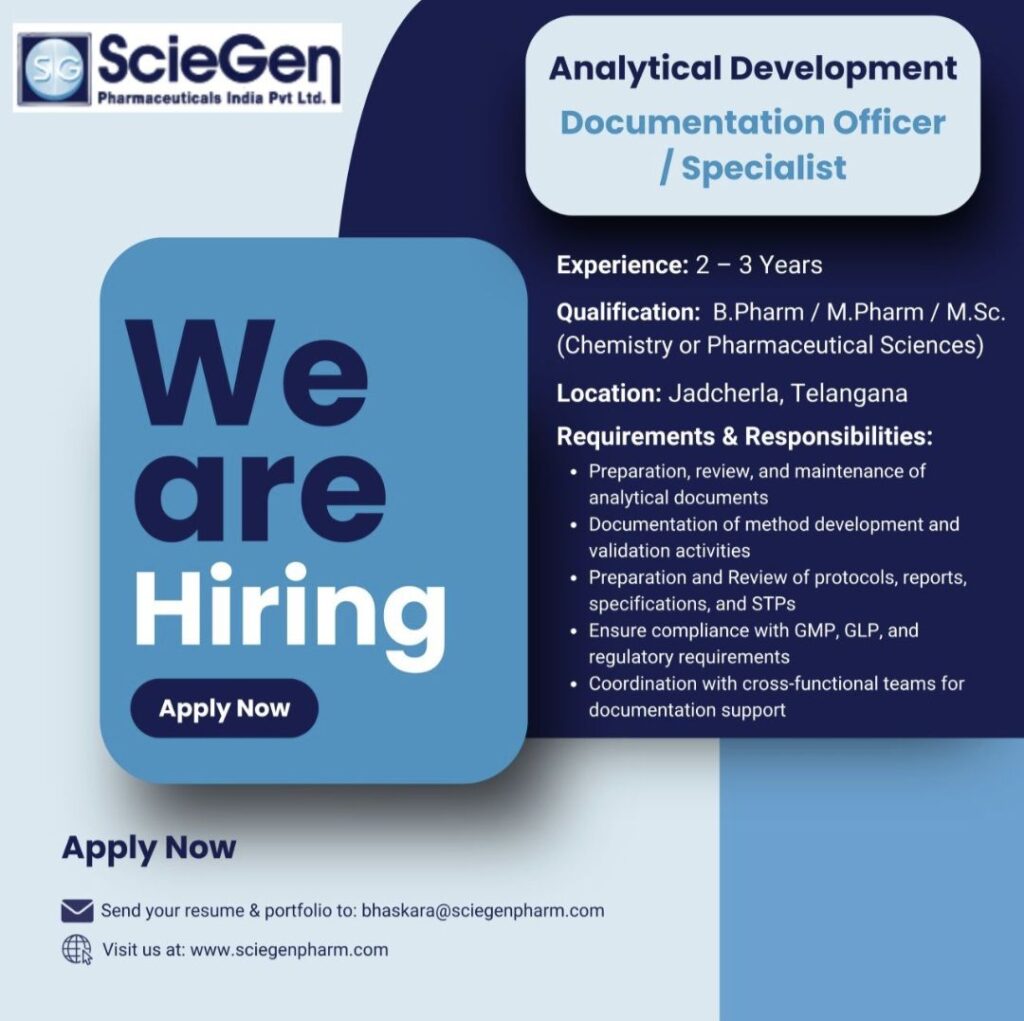 ScieGen Pharmaceuticals Hiring – Analytical Development Documentation Officer / Specialist Opportunity in Telangana