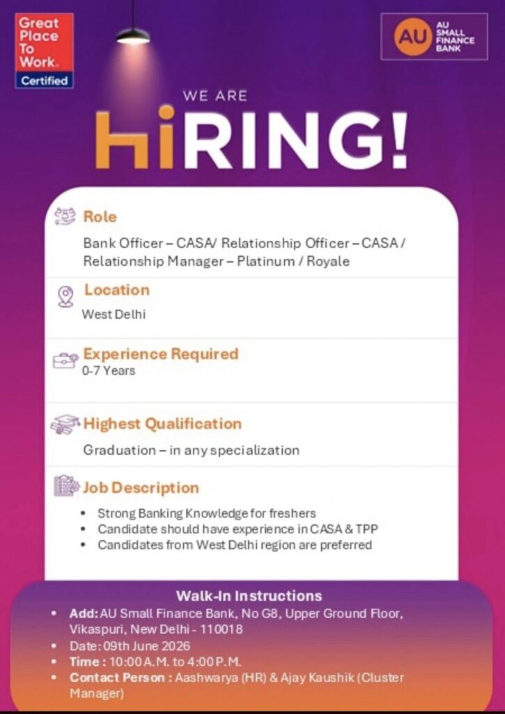 AU Small Finance Bank Hiring – CASA & Relationship Management Opportunities in West Delhi