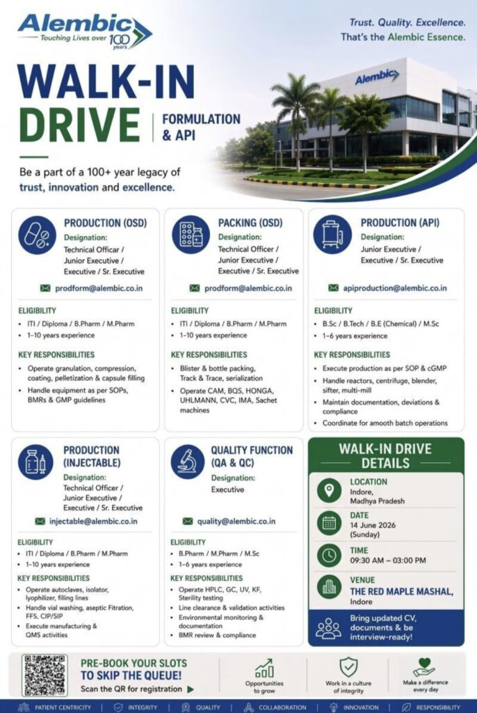 Alembic Pharmaceuticals Walk-In Drive: Hiring for Production, Packing, QA, QC & API Functions