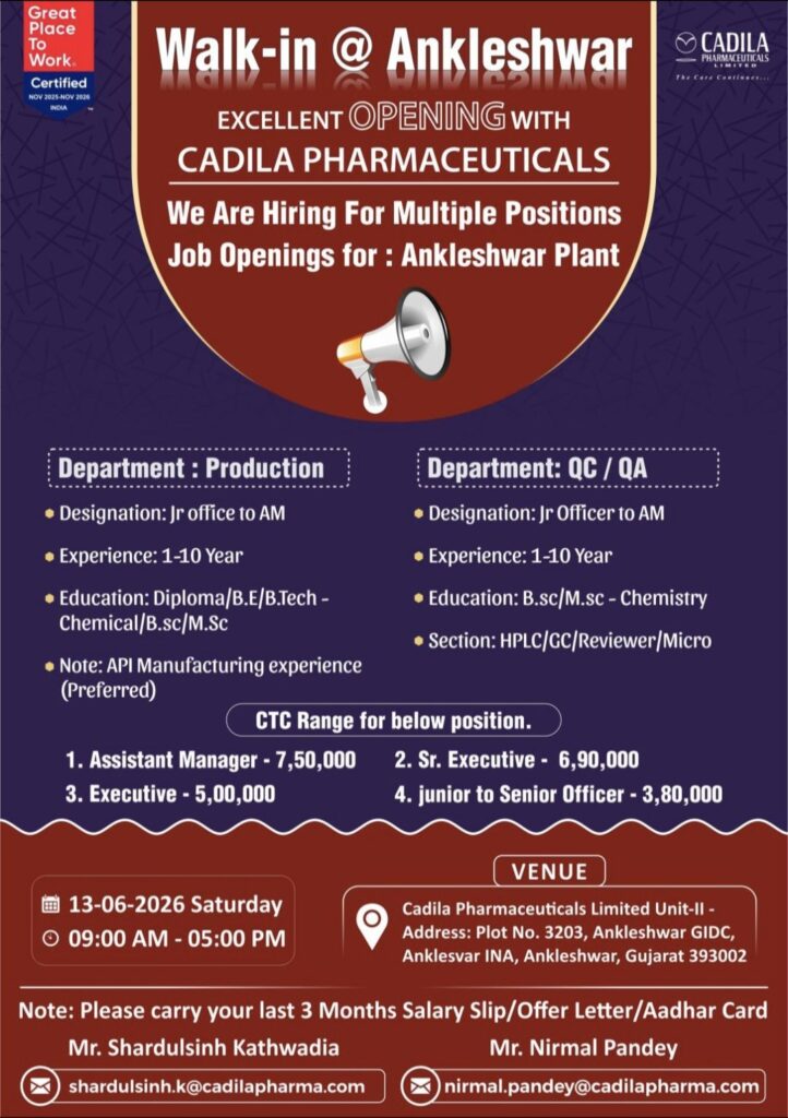 Cadila Pharmaceuticals Walk-In Drive for Production, QC & QA Professionals at Ankleshwar