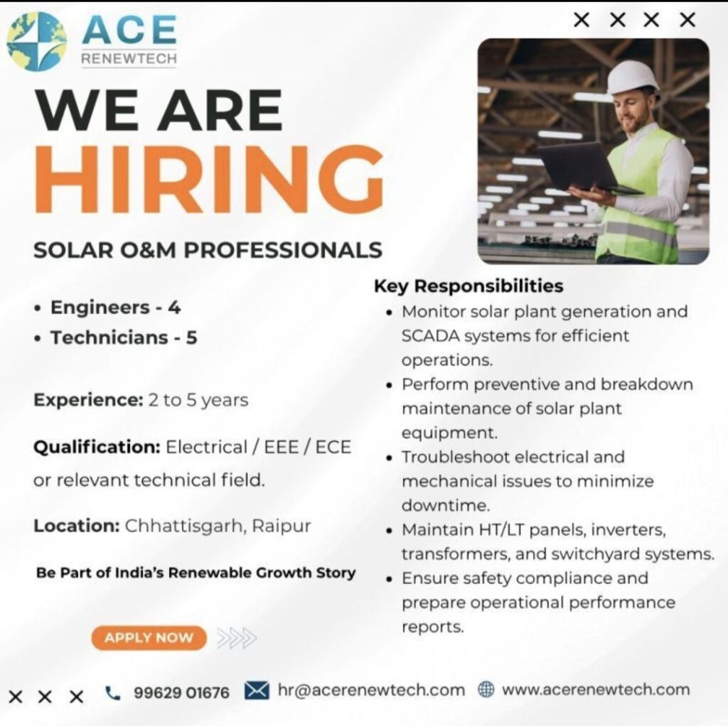 ACE Renewtech Hiring Solar O&M Professionals in Raipur, Chhattisgarh