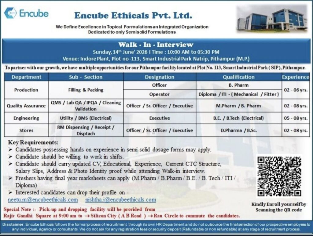 Encube Ethicals Pvt. Ltd. Walk-In Interview: Multiple Openings in Production, QA, Engineering & Stores