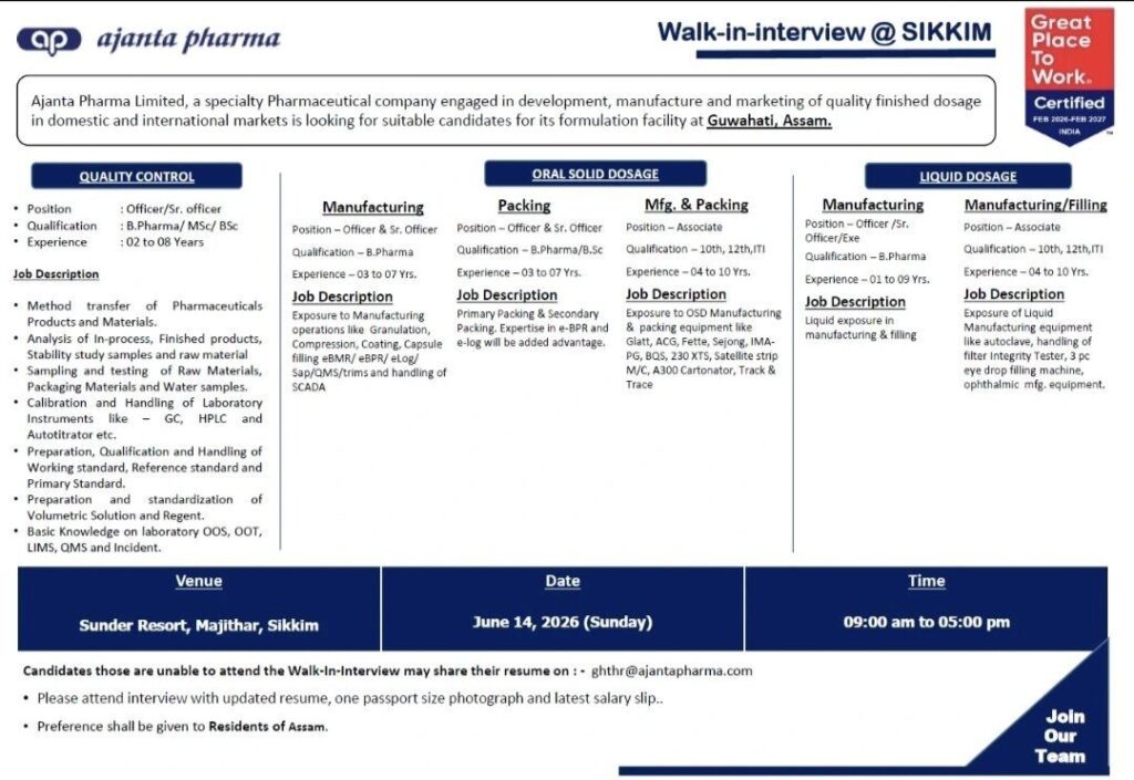 Ajanta Pharma Walk-In Interview at Sikkim – Opportunities in Quality Control, Oral Solid Dosage & Liquid Dosage