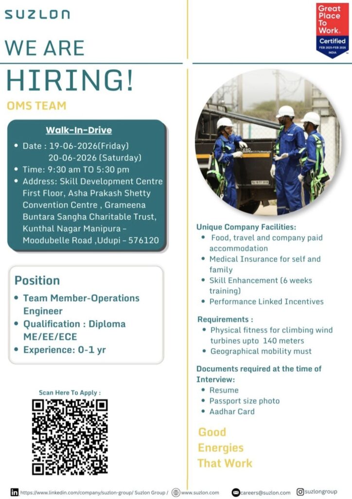 Suzlon Walk-In Drive for OMS Team | Diploma Engineers Opportunity