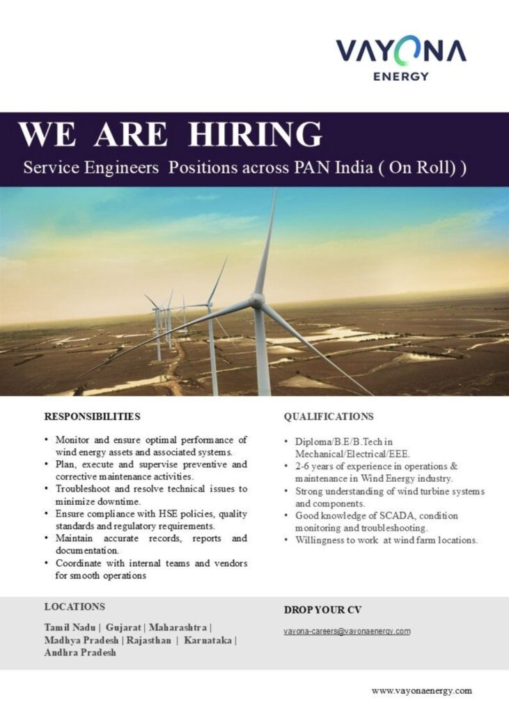 Vayona Energy Recruitment – Service Engineers Hiring Across PAN India
