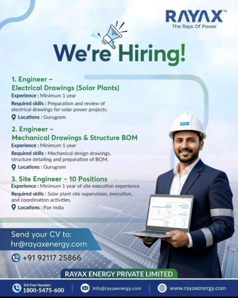 Rayax Energy Private Limited Recruitment – Engineers and Site Engineers Required for Solar Power Projects