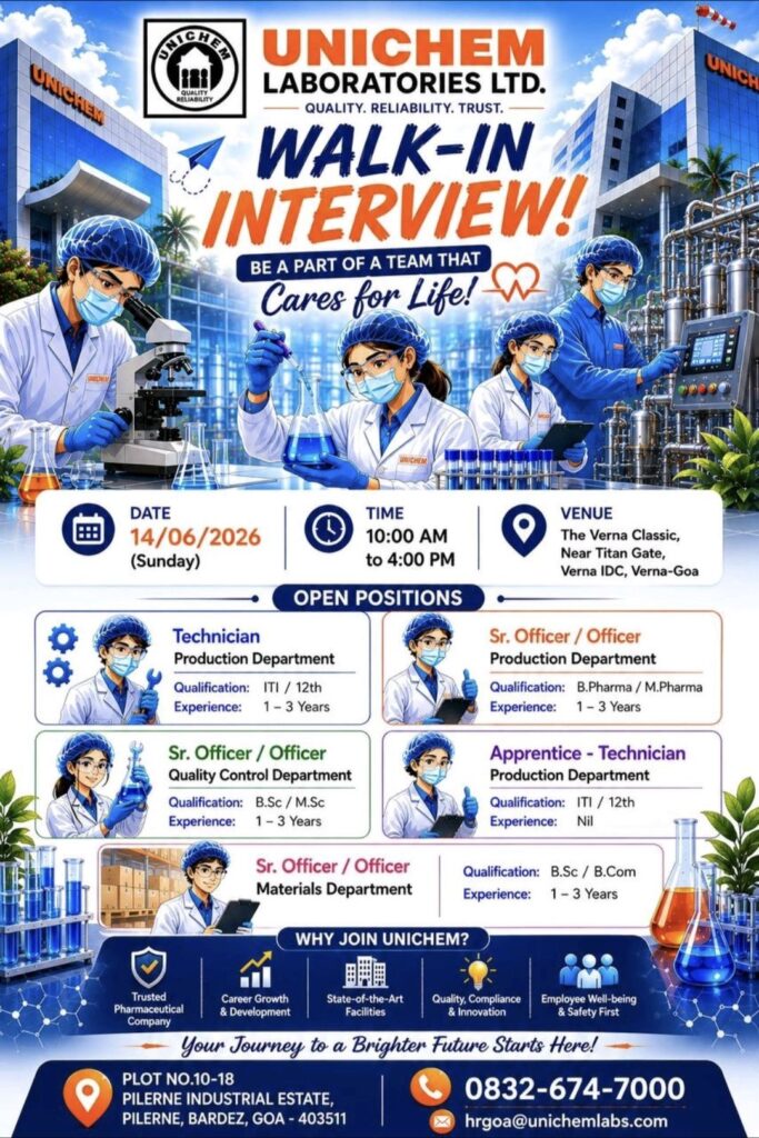 Unichem Laboratories Ltd Walk-In Interview: Opportunities in Production, Quality Control & Materials