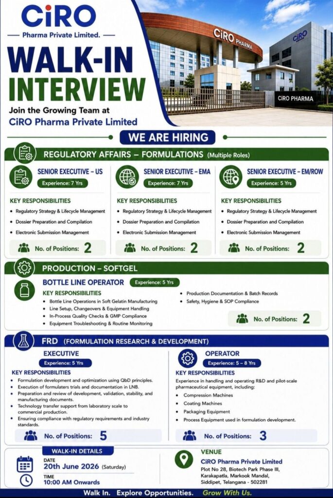 CiRO Pharma Walk-In Interview: Career Opportunities in Regulatory Affairs, Production, and FRD