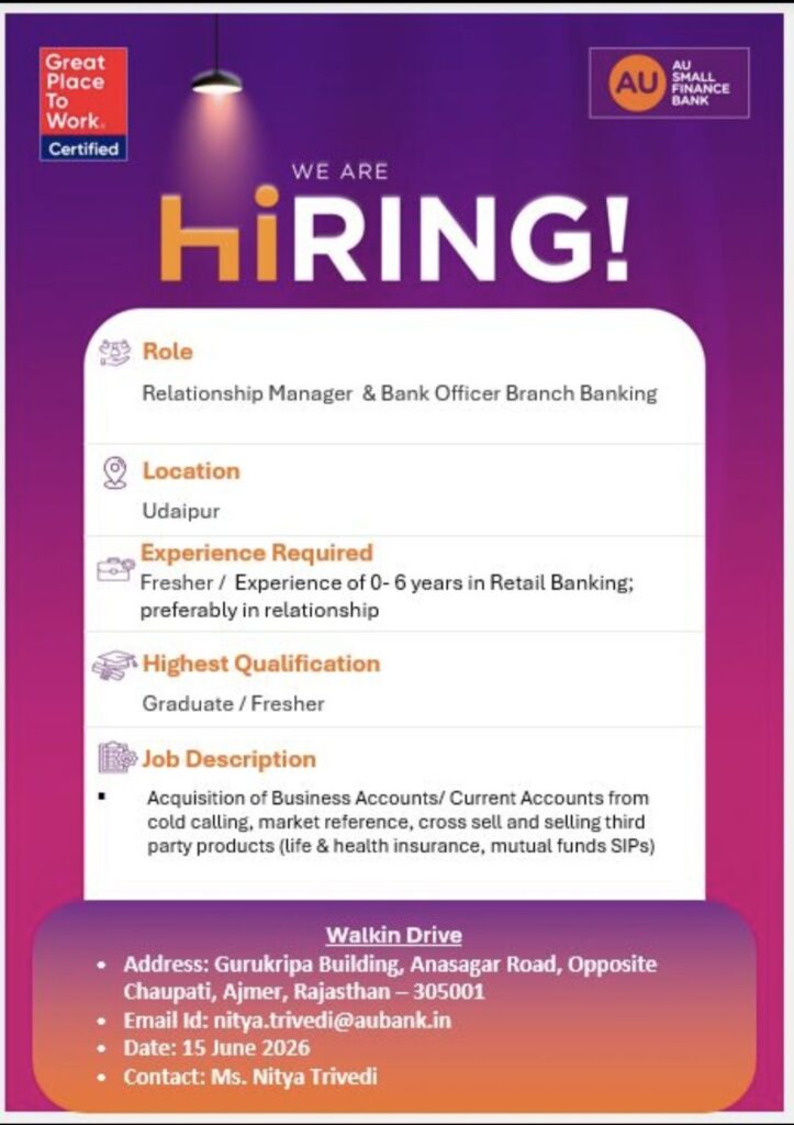AU Small Finance Bank Hiring: Walk-In Drive for Relationship Manager & Bank Officer – Branch Banking