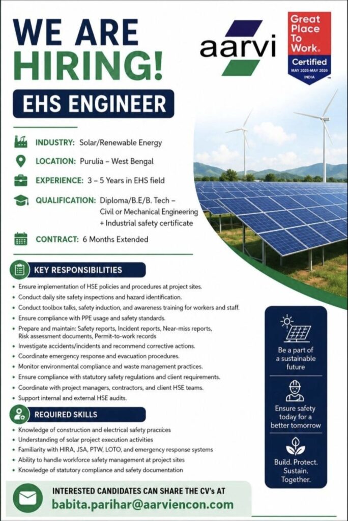 Aarvi Encon Hiring EHS Engineer for Solar & Renewable Energy Projects in West Bengal