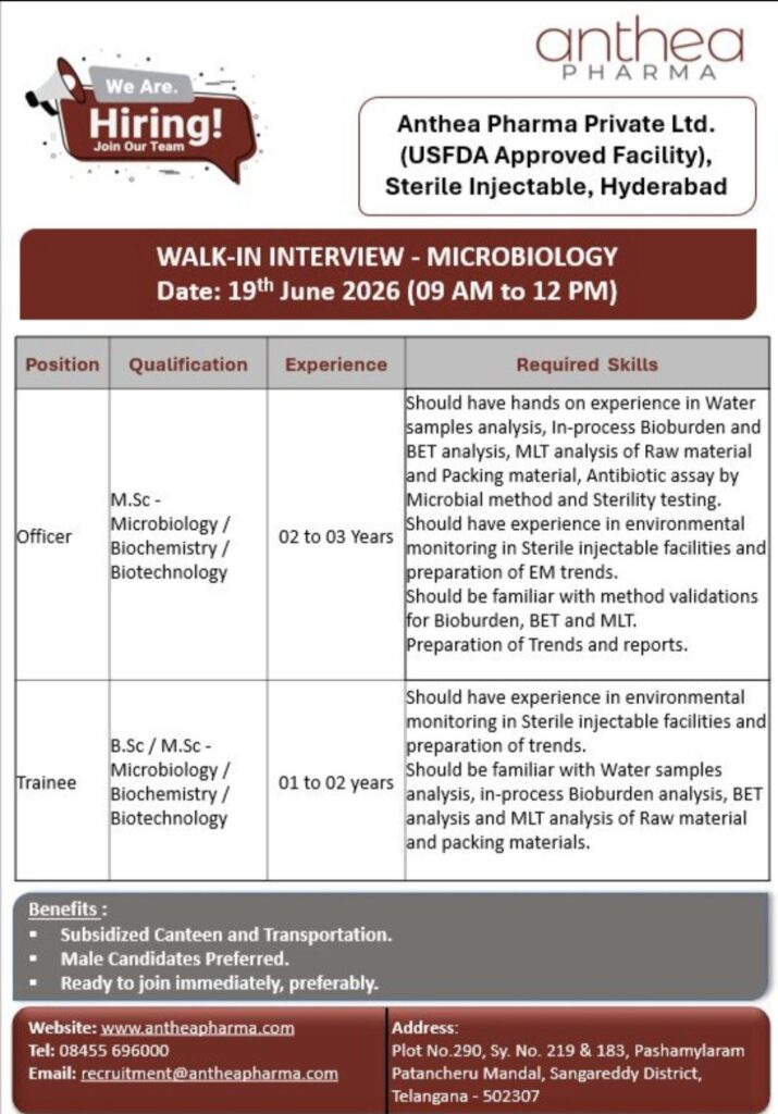 Anthea Pharma Walk-In Interview for Microbiology Department | Officer & Trainee Positions