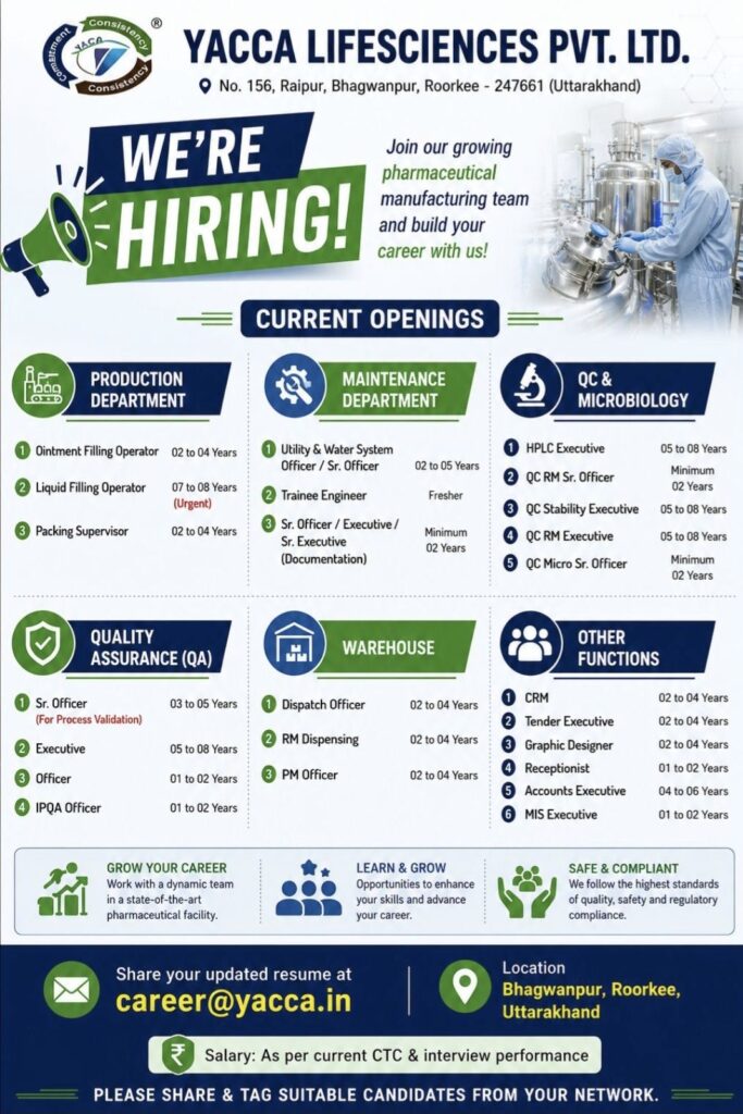 Yacca Lifesciences Pvt. Ltd. Hiring Across Multiple Departments in Uttarakhand