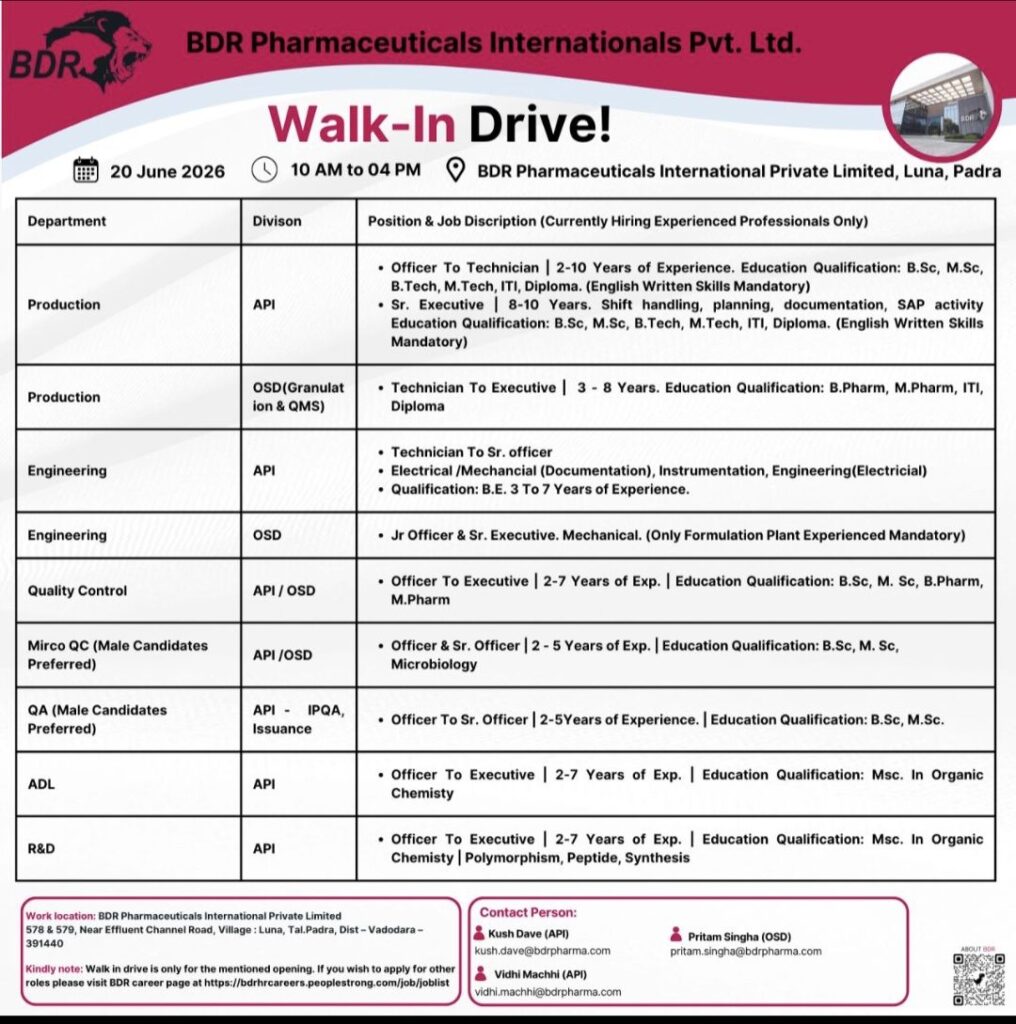 BDR Pharmaceuticals Walk-In Drive – Production, Engineering, QC, QA, ADL & R&D Opportunities