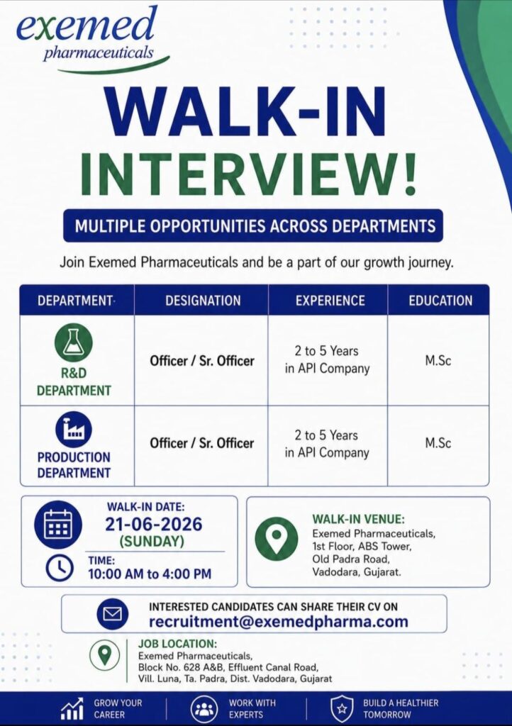 Exemed Pharmaceuticals Announces Walk-In Interview Drive for R&D and Production Professionals