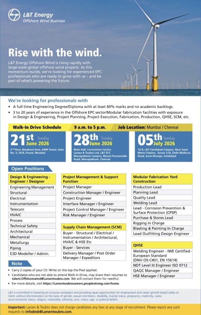 L&T Energy Offshore Wind Business Walk-In Drive – Multiple Engineering & Project Management Opportunities