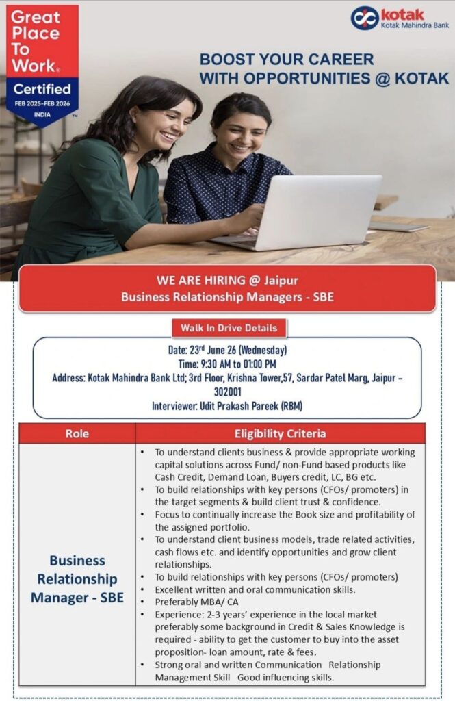 Kotak Mahindra Bank Walk-In Drive for Business Relationship Managers (SBE) at Jaipur