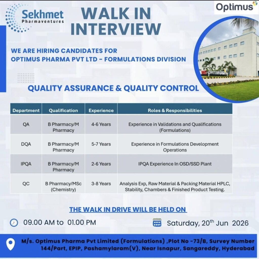 Optimus Pharma Walk-In Interview for QA, DQA, IPQA & QC Professionals