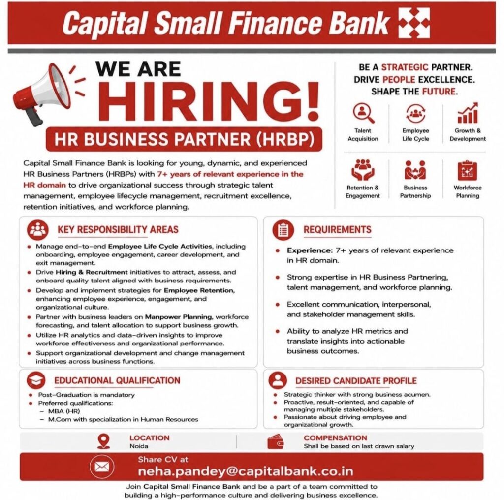 Capital Small Finance Bank Hiring HR Business Partner (HRBP) – Noida | Apply Now