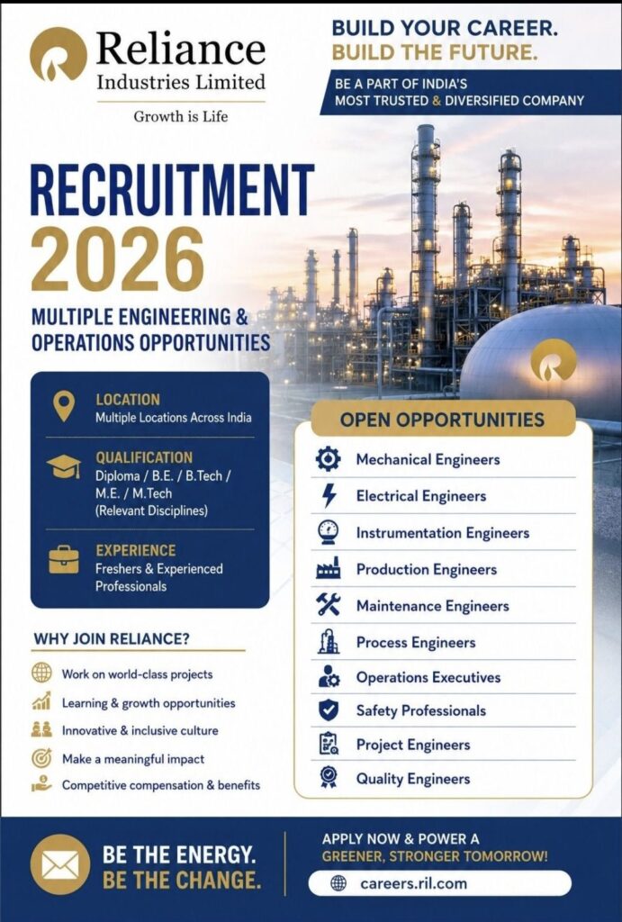 Reliance Industries Limited Recruitment – Multiple Engineering & Operations Opportunities Across India