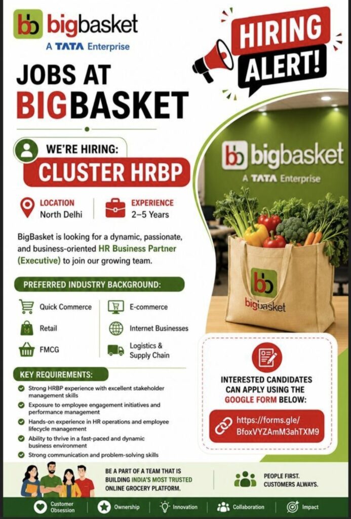 BigBasket Recruitment | Hiring Cluster HRBP (Executive) | Apply Online