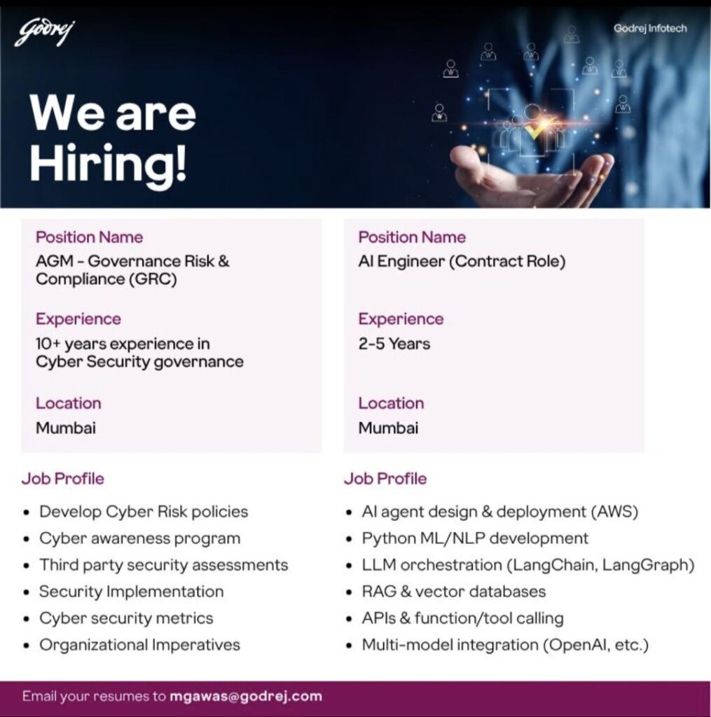 Godrej Infotech Recruitment| Hiring AGM – Governance Risk & Compliance (GRC) and AI Engineer (Contract Role) | Mumbai