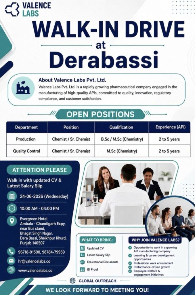 Valence Labs Walk-In Drive– Production & Quality Control Chemist Jobs at Derabassi