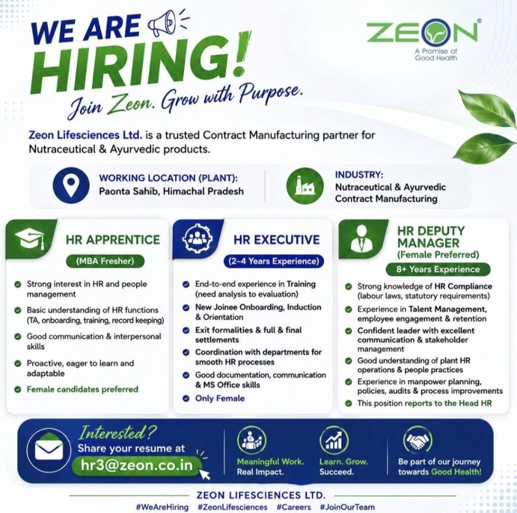 Zeon Lifesciences Ltd Recruitment | HR Apprentice, HR Executive & HR Deputy Manager Opportunities