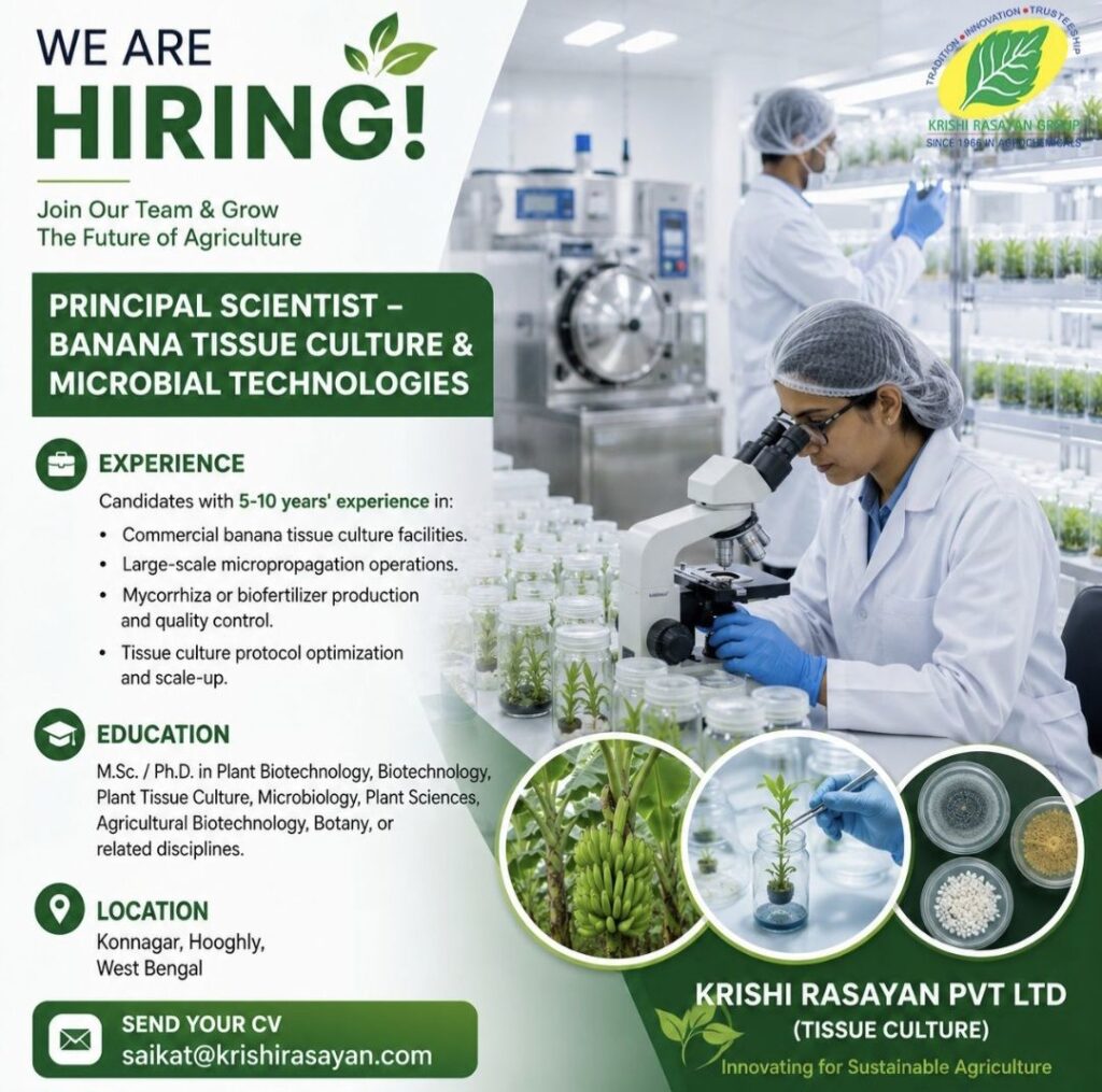 Krishi Rasayan Pvt. Ltd. Recruitment | Principal Scientist – Banana Tissue Culture & Microbial Technologies | Apply Now