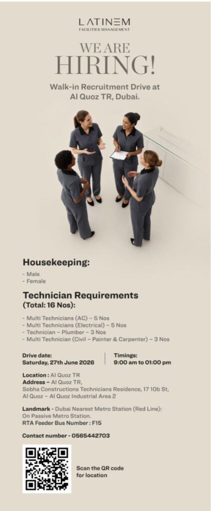 LATINEM Facilities Management Walk-In Recruitment Drive– Housekeeping & Technician Jobs in Dubai