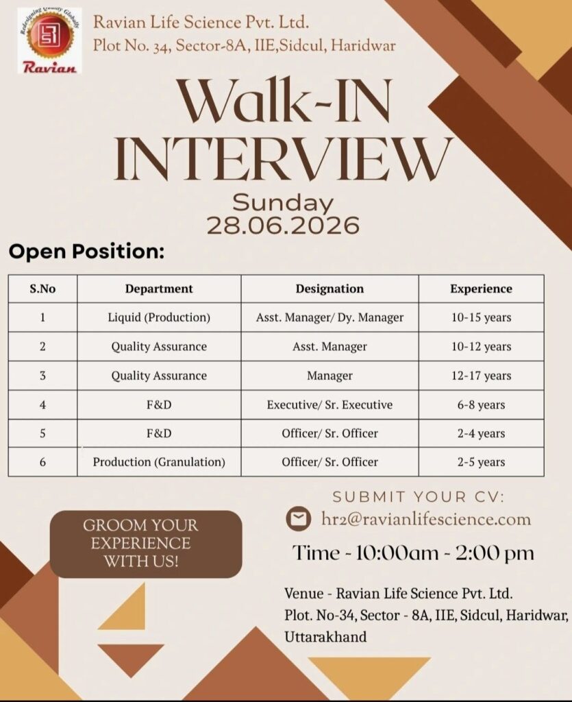 Ravian Life Science Pvt. Ltd. Walk-In Interview| Production, QA & F&D Jobs | Apply on 28 June 2026