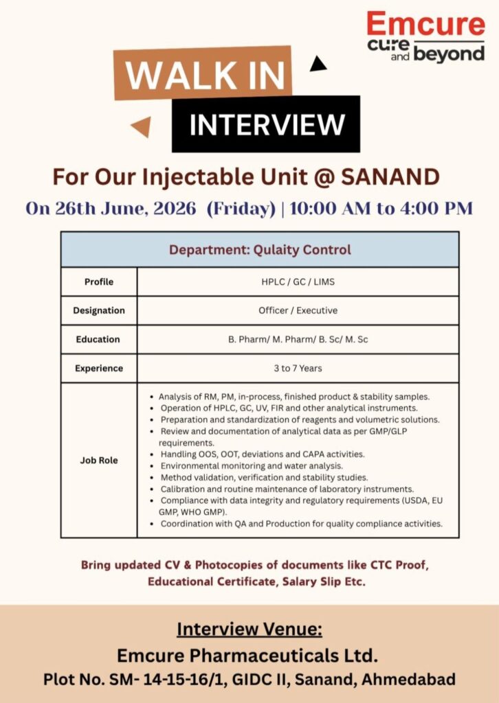 Emcure Pharmaceuticals Walk-In Interview for Quality Control Professionals at Sanand Injectable Unit