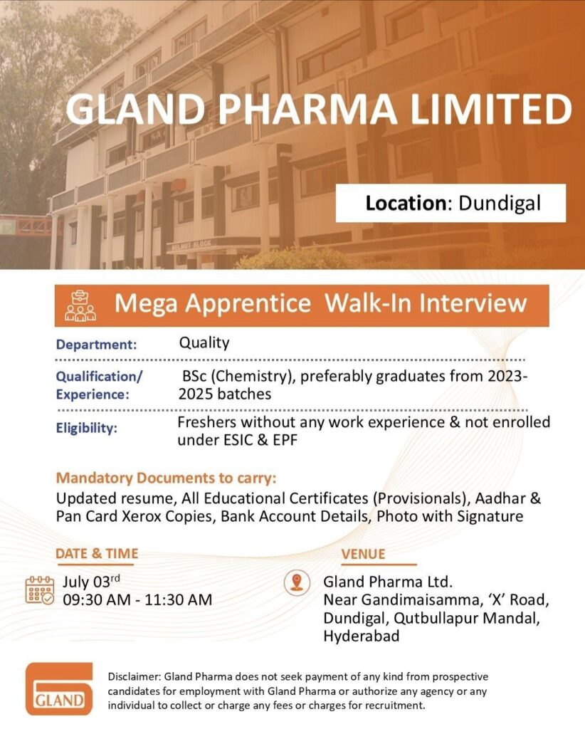 Gland Pharma Limited Mega Apprentice Walk-In Interview | Quality Department | Freshers Opportunity
