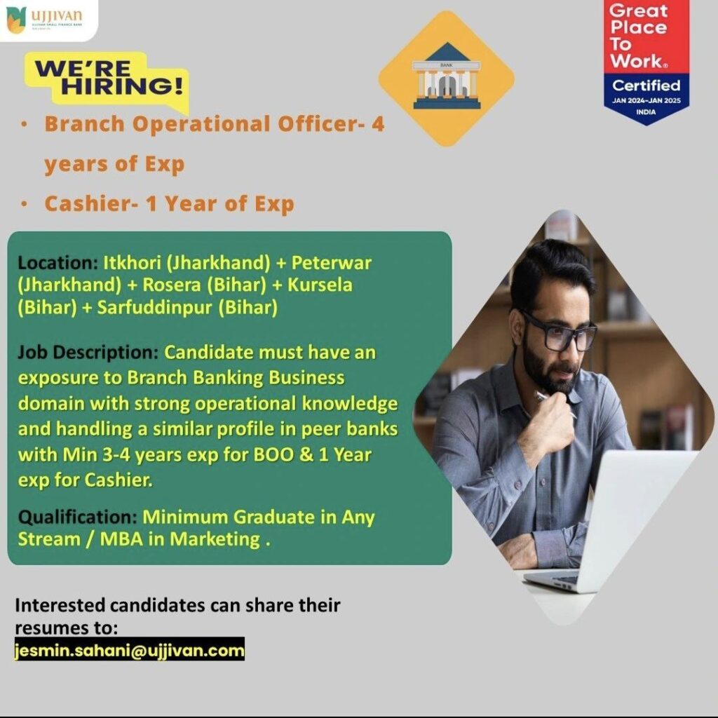 Ujjivan Small Finance Bank Recruitment| Branch Operational Officer & Cashier Jobs | Apply Now