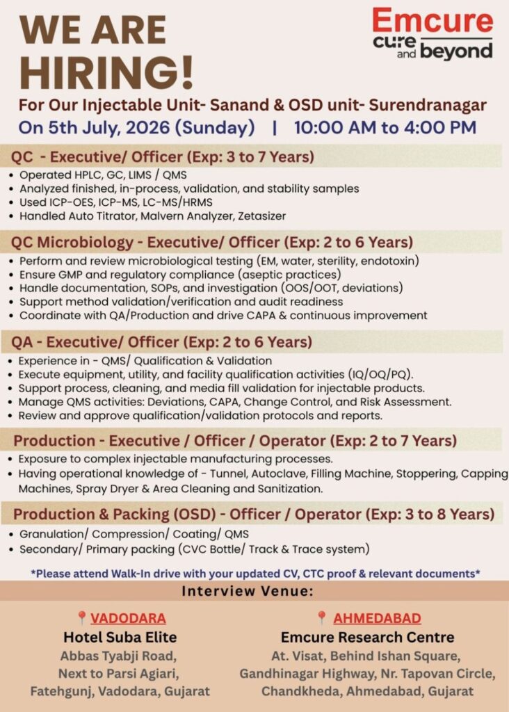 Emcure Pharmaceuticals Walk-in Interview| QC, QA, Production, Microbiology & OSD Jobs | Apply on 5 July 2026