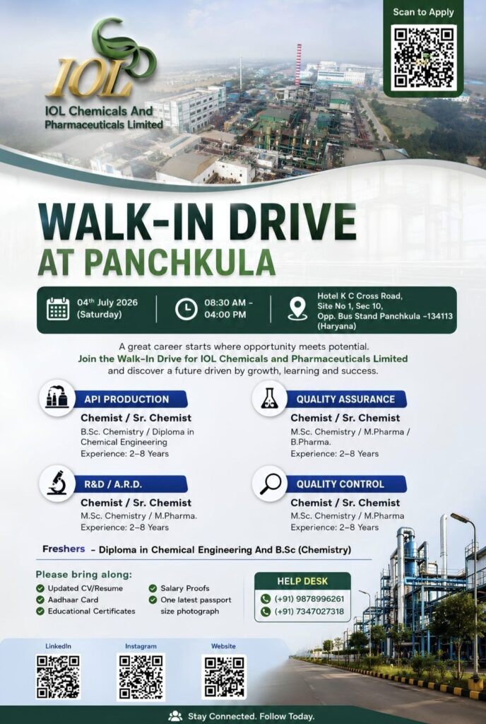 IOL Chemicals and Pharmaceuticals Limited Walk-In Drive: API Production, QA, QC & R&D Jobs in Panchkula