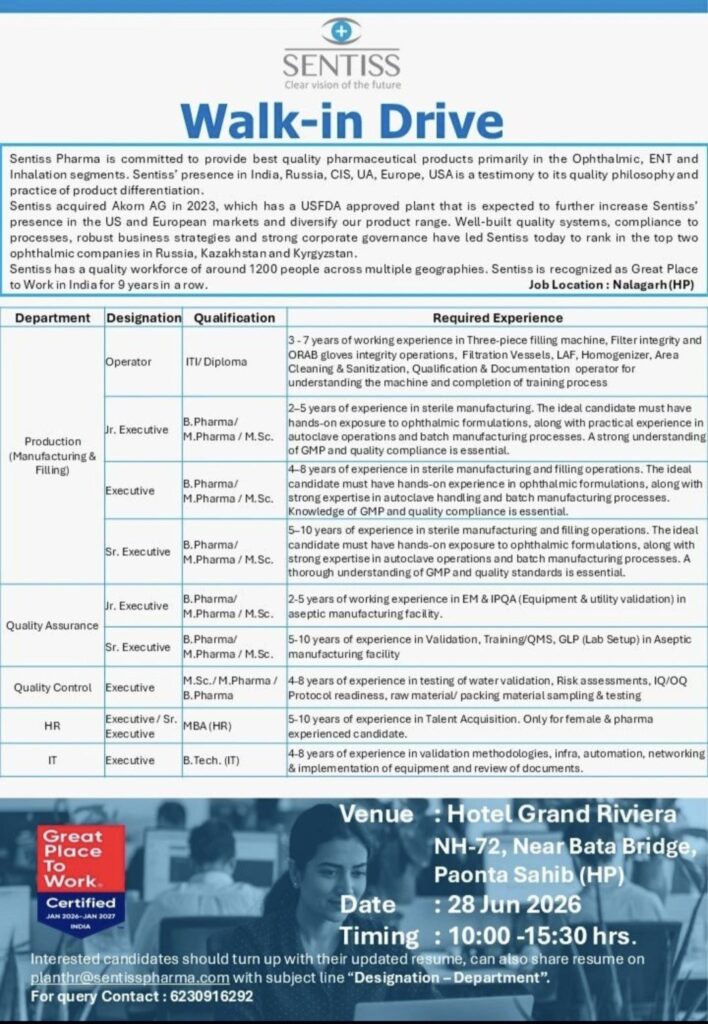 Sentiss Pharma Walk-in Drive| Production, QA, QC, HR & IT Jobs | Walk-in on 28 June 2026