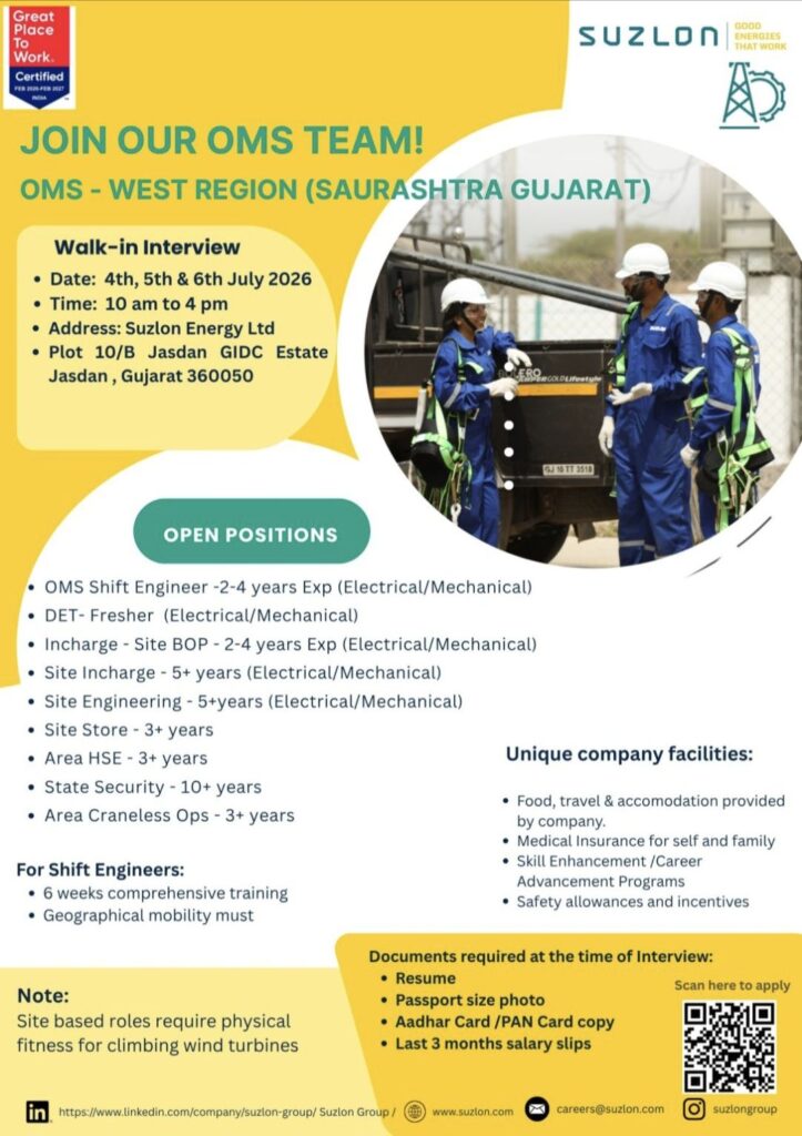 Suzlon Energy Walk-in Interview – OMS West Region (Saurashtra, Gujarat) | Electrical, Mechanical, HSE & Site Jobs