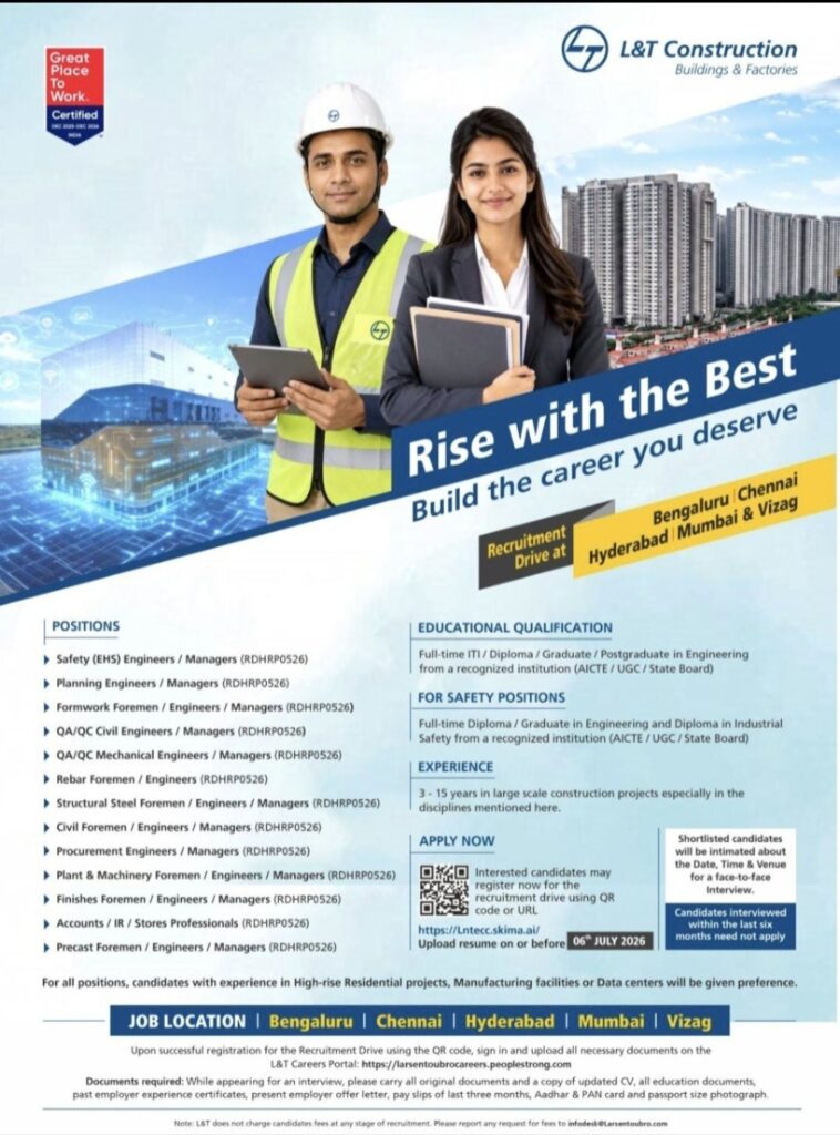 L&T Construction Recruitment Drive| Engineers, Managers, Foremen & Professionals | Apply Before 06 July 2026