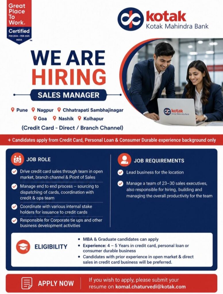 Kotak Mahindra Bank Recruitment – Sales Manager | Apply Now for Multiple Locations