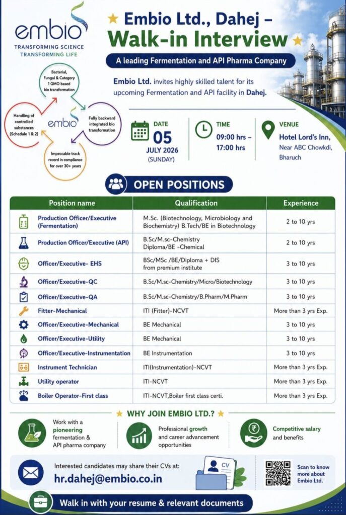 Embio Ltd. Dahej Walk-in Interview| Production, QC, QA, EHS, Mechanical & API Jobs