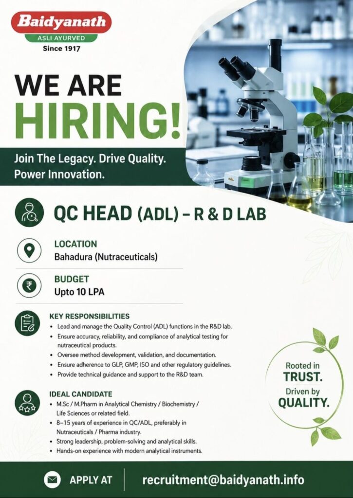 Baidyanath Recruitment| QC Head (ADL) – R&D Lab | Apply Now