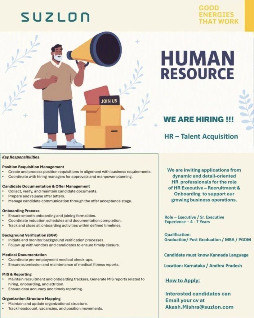 Suzlon HR Recruitment| Executive / Sr. Executive – Talent Acquisition | Apply Now