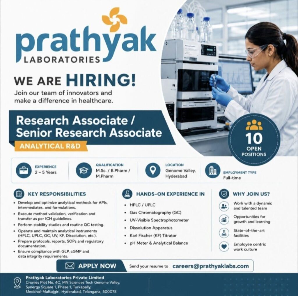 Prathyak Laboratories Recruitment| Research Associate / Senior Research Associate – Analytical R&D | Apply Online.