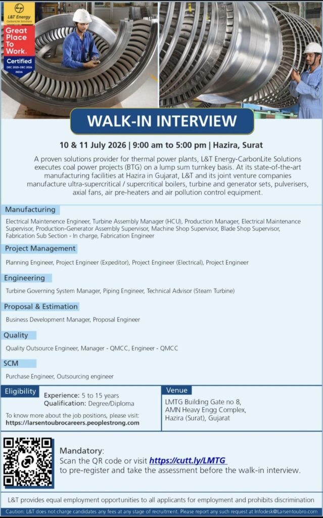L&T Energy–CarbonLite Solutions Walk-In Interview  | Manufacturing, Engineering & Project Jobs in Hazira, Surat