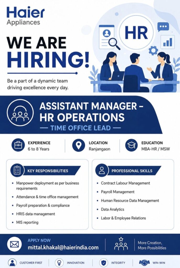 Haier Appliances Recruitment| Assistant Manager – HR Operations (Time Office Lead) | Apply Now