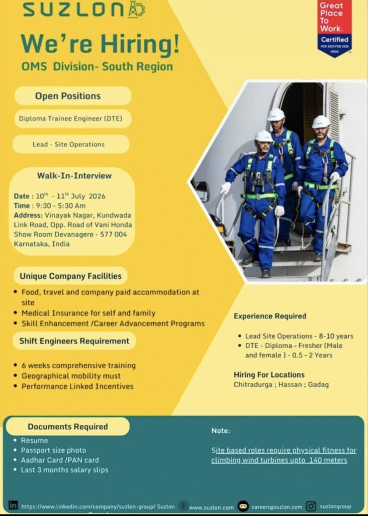 Suzlon Recruitment| Walk-In Interview for Diploma Trainee Engineer (DTE) & Lead – Site Operations | OMS Division